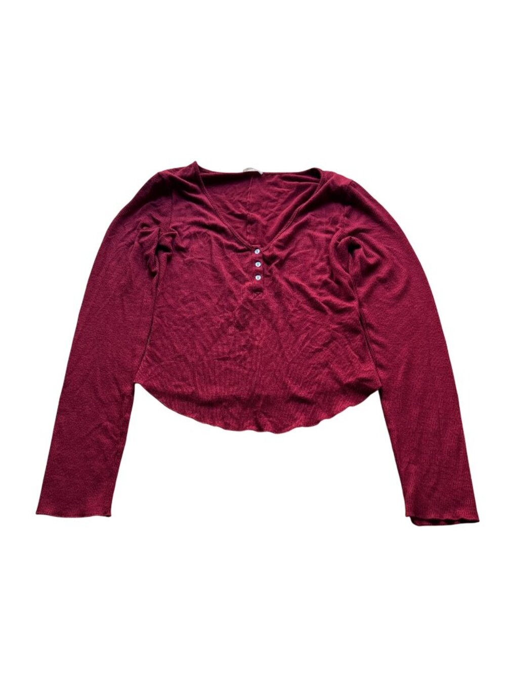 Y2k Free People Size M Red Ribbed Knit Long Sleeve V-Neck Cropped Henley Top